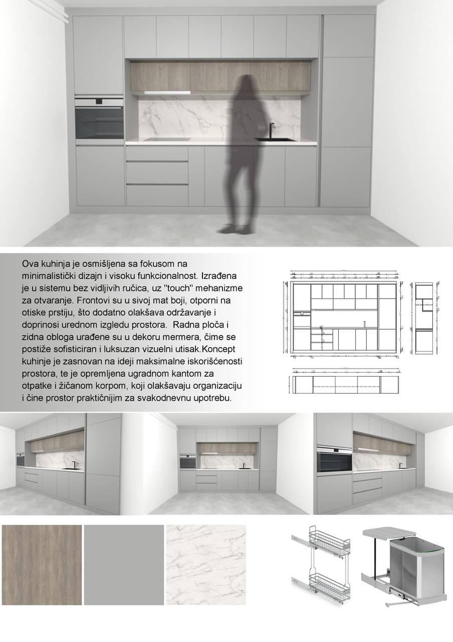 Minimalistička kuhinja sa sivim mat frontovima i mermernom radnom pločom. Sistem bez vidljivih ručica za čist, moderan izgled. Maksimalna funkcionalnost na malom prostoru.